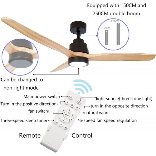  RUXUHSNDQ Iron Ceiling Fan, With Light, With Remote Control, 3 Color Temperature LED Lights, 6-Speed Scheduling, Timing, 3 Wooden Blades, Diameter 132 cm, 40 W DC Silent Motor (Woo