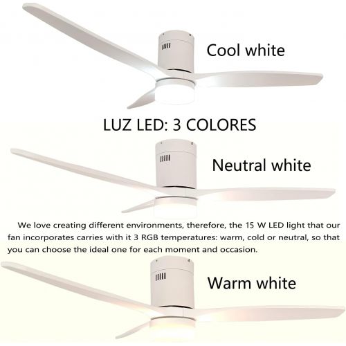  RUXUHSNDQ 52 Inch Flush Mount Fandelier Ceiling Fan With Light and Remote Control,White Farmhouse Ceiling Fan With LED Light for Live Room Bedroom,3 Wooden Blades, 6 Speed Adjustab