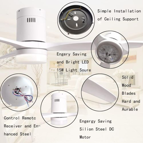  RUXUHSNDQ 52 Inch Flush Mount Fandelier Ceiling Fan With Light and Remote Control,White Farmhouse Ceiling Fan With LED Light for Live Room Bedroom,3 Wooden Blades, 6 Speed Adjustab