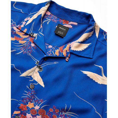  RVCA Mens Blue Crane Short Sleeve Woven Button Front Shirt