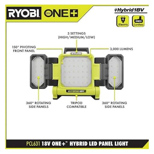  RYOBI ONE+ 18V Cordless Hybrid LED Panel Light (Tool Only) - PCL631B