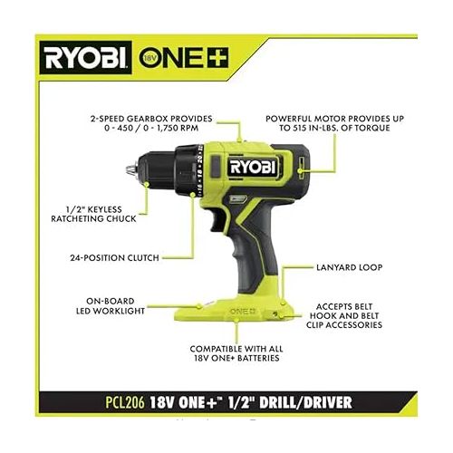  RYOBI ONE+ 18V Cordless 1/2 in. Drill/Driver (Tool Only) PCL206B Black Green