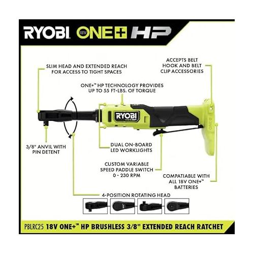  RYOBI - ONE+ HP 18V Brushless Cordless 3/8 in. Extended Reach Ratchet (Tool Only) - PBLRC25B