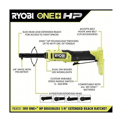  RYOBI ONE+ HP 18V Brushless Cordless 1/4 in. Extended Reach Ratchet (Tool Only) - PBLRC01B