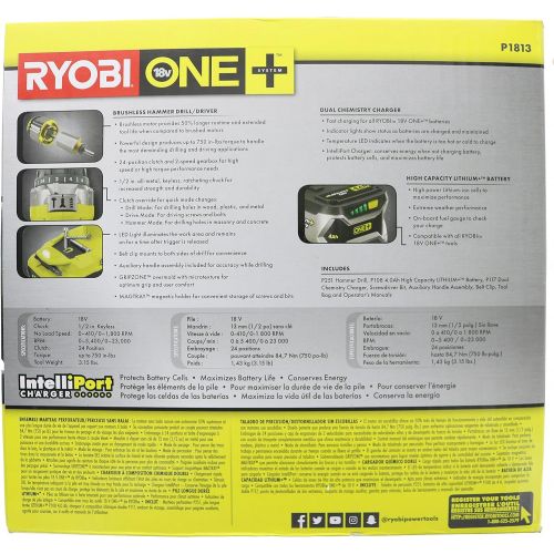  [아마존베스트]Ryobi P1813 One+ 18V Lithium Ion 750 Inch Pound Cordless Hammer Drill Power Tool Kit (Includes Battery Charger and Bag)