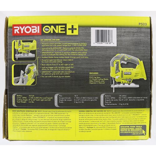  [아마존베스트]Ryobi One+ P523 18V Lithium Ion Cordless Orbital T Shank 3,000 SPM Jigsaw (Battery Not Included, Power Tool and T Shank Wood Cutting Blade Only)