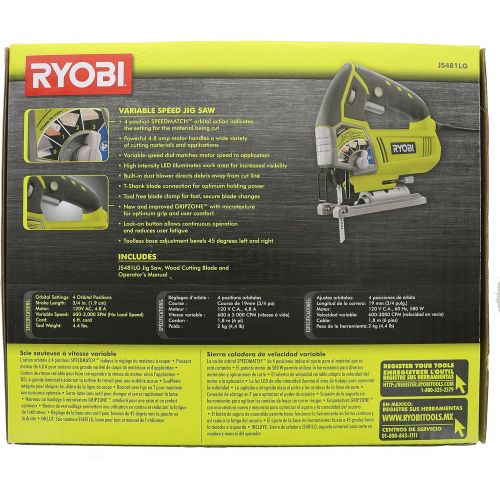  [아마존베스트]Ryobi JS481LG 4.8 Amp Corded Variable Speed T-Shank Orbital Jig Saw w/ Onboard LED Lighting System