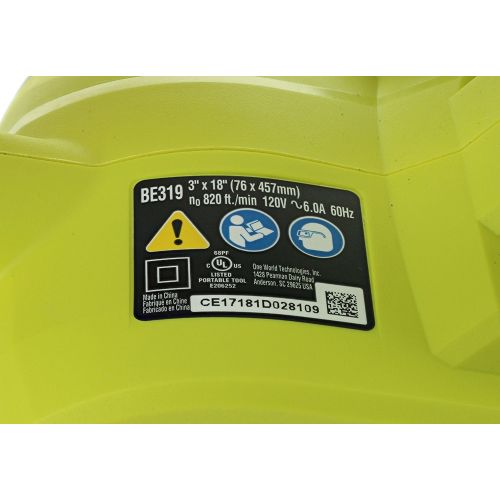  Ryobi BE319 6 Amp Portable 320 Feet / Minute Corded Belt Sander (3” x 18”) w/ Onboard Removable Dust Bag (Medium Grit Sanding Belt Included)