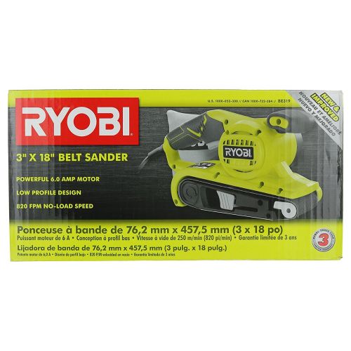  Ryobi BE319 6 Amp Portable 320 Feet / Minute Corded Belt Sander (3” x 18”) w/ Onboard Removable Dust Bag (Medium Grit Sanding Belt Included)