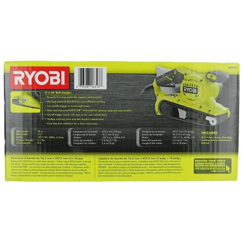  Ryobi BE319 6 Amp Portable 320 Feet / Minute Corded Belt Sander (3” x 18”) w/ Onboard Removable Dust Bag (Medium Grit Sanding Belt Included)