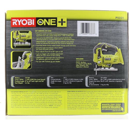  RYOBI One+ P5231 18V Lithium Ion Cordless Orbital T-Shaped 3,000 SPM Jigsaw (Battery Not Included, Power Tool and T-Shaped Wood Cutting Blade Only)