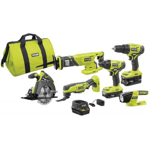  RYOBI P1819 18V One+ Lithium Ion Combo Kit (6 Tools: Drill/Driver, Impact Driver, Reciprocating Saw, Circular Saw, Multi-Tool, LED Worklight, 4.0 Ah & 1.5 Ah Battery, Charger, Bag)