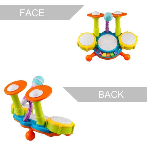  [아마존베스트]Rabing Kids Drum Set Beats Flash Light Toy Adjustable Microphone, Multicolor