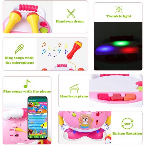  [아마존베스트]Rabing Baby Musical Toy Drum, 5-in-1 Toddler Musical Instruments Toy with Microphone & Lights, Kids Drum Set for Boys Girls 0-3 Years Old Birthday Gift, Early Educational Learning