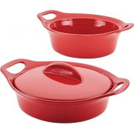 Rachael Ray Solid Glaze Ceramics Casserole Bakers/Baking Dish with Shared Lid Set, 3 Piece, Red