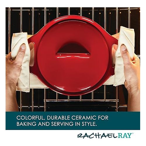  Rachael Ray Solid Glaze Ceramics Casserole Bakers/Baking Dish with Shared Lid Set, 3 Piece, Red