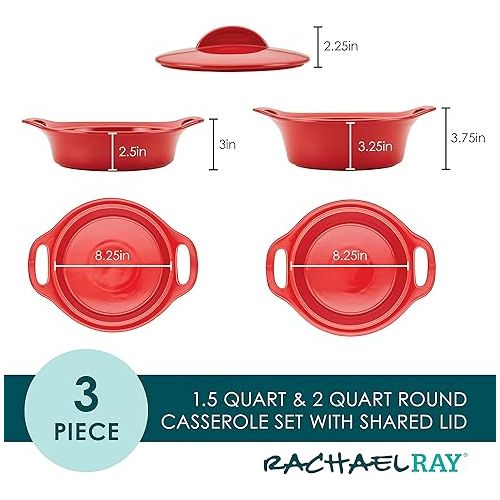  Rachael Ray Solid Glaze Ceramics Casserole Bakers/Baking Dish with Shared Lid Set, 3 Piece, Red