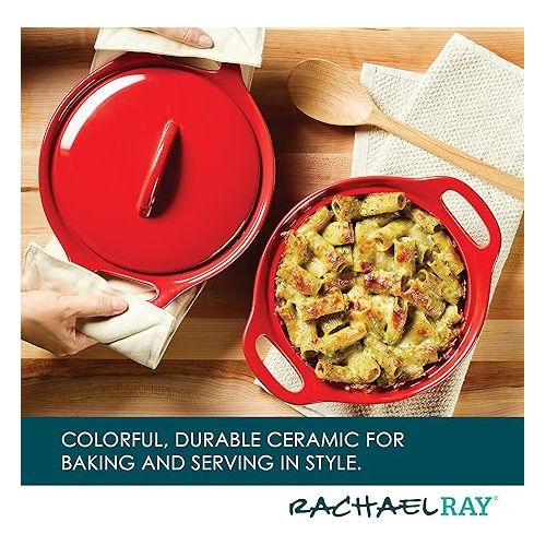  Rachael Ray Solid Glaze Ceramics Casserole Bakers/Baking Dish with Shared Lid Set, 3 Piece, Red