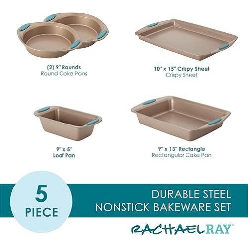  Rachael Ray Cucina Bakeware Set Includes Nonstick Bread Baking Cookie Sheet and Cake Pans, 5 Piece, Latte Brown with Agave Blue Grips