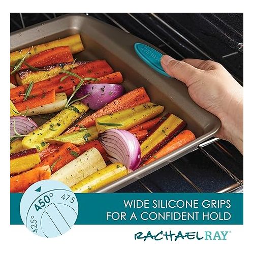  Rachael Ray Cucina Bakeware Set Includes Nonstick Bread Baking Cookie Sheet and Cake Pans, 5 Piece, Latte Brown with Agave Blue Grips