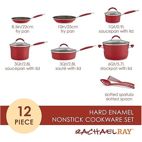  Rachael Ray Cucina Nonstick Cookware Pots and Pans Set, 12 Piece, Cranberry Red