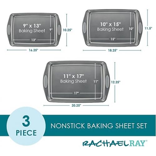  Rachael Ray Nonstick Bakeware Set with Grips, Nonstick Cookie Sheets / Baking Sheets - 3 Piece, Gray with Sea Salt Gray Grips