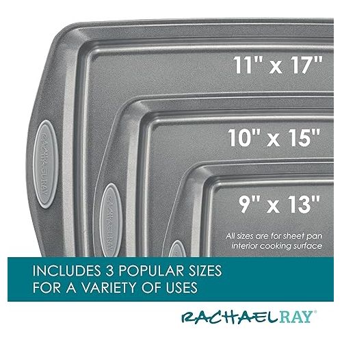  Rachael Ray Nonstick Bakeware Set with Grips, Nonstick Cookie Sheets / Baking Sheets - 3 Piece, Gray with Sea Salt Gray Grips