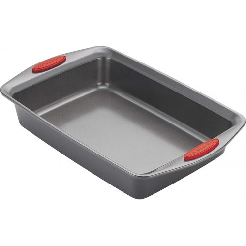  Rachael Ray Yum-o! Nonstick Baking Pan With Grips/ Nonstick Cake Pan with Grips, Rectangle - 9 Inch x 13 Inch, Gray with Red Grips