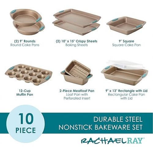  Rachael Ray 47578 Cucina Nonstick Bakeware Set with Grips Includes Nonstick Bread Pan, Baking Sheet, Cookie Sheet, Baking Pans, Cake Pan and Muffin Pan - 10 Piece, Latte Brown with Agave Blue Grips