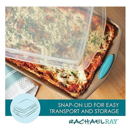  Rachael Ray 47578 Cucina Nonstick Bakeware Set with Grips Includes Nonstick Bread Pan, Baking Sheet, Cookie Sheet, Baking Pans, Cake Pan and Muffin Pan - 10 Piece, Latte Brown with Agave Blue Grips