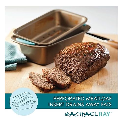  Rachael Ray 47578 Cucina Nonstick Bakeware Set with Grips Includes Nonstick Bread Pan, Baking Sheet, Cookie Sheet, Baking Pans, Cake Pan and Muffin Pan - 10 Piece, Latte Brown with Agave Blue Grips