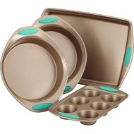 Rachael Ray Cucina Bakeware Set Includes Nonstick Cake Cookie Baking Sheet and Muffin Cupcake Pan, 4 Piece, Latte Brown with Agave Blue Grips