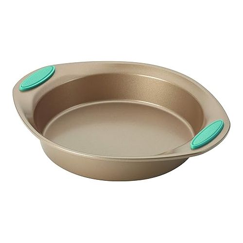  Rachael Ray Cucina Bakeware Set Includes Nonstick Cake Cookie Baking Sheet and Muffin Cupcake Pan, 4 Piece, Latte Brown with Agave Blue Grips