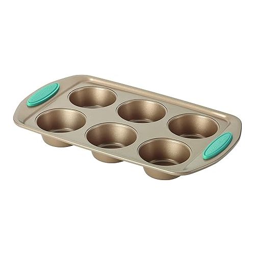  Rachael Ray Cucina Bakeware Set Includes Nonstick Cake Cookie Baking Sheet and Muffin Cupcake Pan, 4 Piece, Latte Brown with Agave Blue Grips