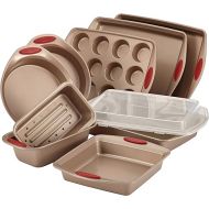 Rachael Ray Cucina Nonstick Bakeware Set Baking Cookie Sheets Cake Muffin Bread Pan, 10 Piece, Latte Brown with Cranberry Red Grips