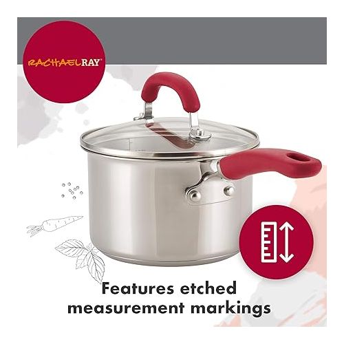  Rachael Ray Create Delicious Stainless Steel Cookware Set, 10-Piece Pots and Pans Set, Stainless Steel with Red Handles