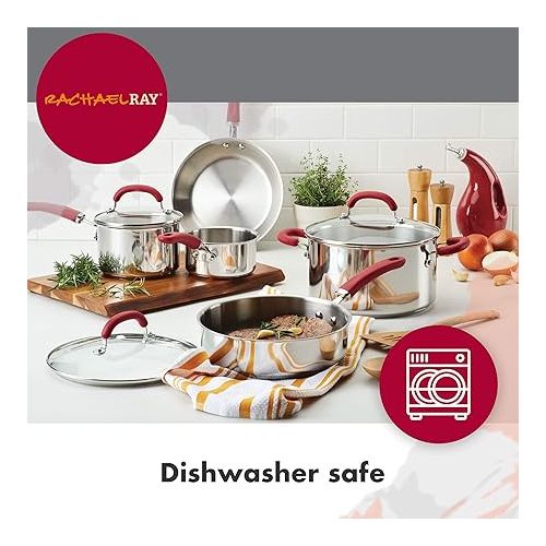  Rachael Ray Create Delicious Stainless Steel Cookware Set, 10-Piece Pots and Pans Set, Stainless Steel with Red Handles