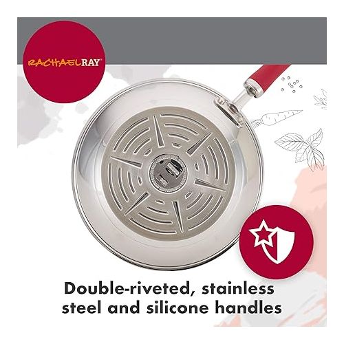  Rachael Ray Create Delicious Stainless Steel Cookware Set, 10-Piece Pots and Pans Set, Stainless Steel with Red Handles