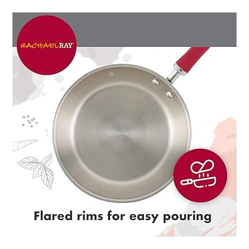  Rachael Ray Create Delicious Stainless Steel Cookware Set, 10-Piece Pots and Pans Set, Stainless Steel with Red Handles