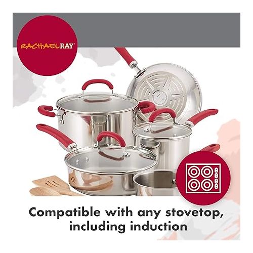  Rachael Ray Create Delicious Stainless Steel Cookware Set, 10-Piece Pots and Pans Set, Stainless Steel with Red Handles