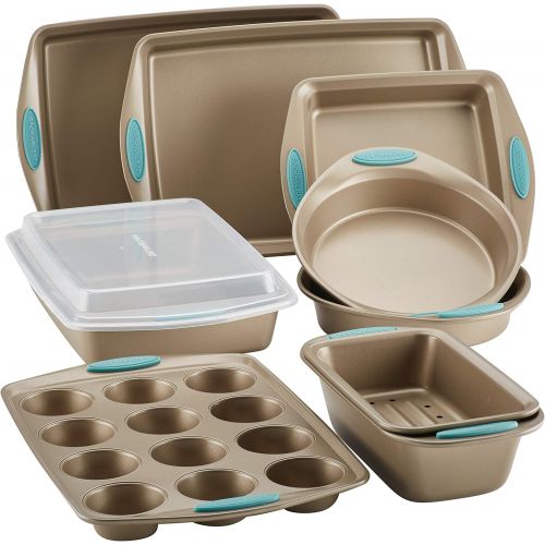  [아마존 핫딜]  [아마존핫딜]Rachael Ray Cucina Nonstick Bakeware Set, 10-Piece, Latte Brown with Agave Blue Handle Grips