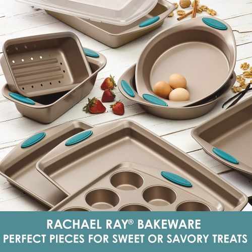  [아마존 핫딜]  [아마존핫딜]Rachael Ray Cucina Nonstick Bakeware Set, 10-Piece, Latte Brown with Agave Blue Handle Grips