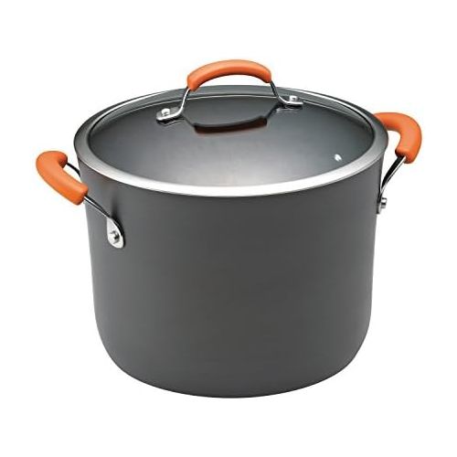  Rachael Ray Brights Hard Anodized Nonstick Stock Pot/Stockpot with Lid, 10 Quart, Gray with Orange Handles