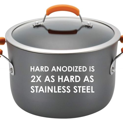  Rachael Ray Brights Hard Anodized Nonstick Stock Pot/Stockpot with Lid, 10 Quart, Gray with Orange Handles