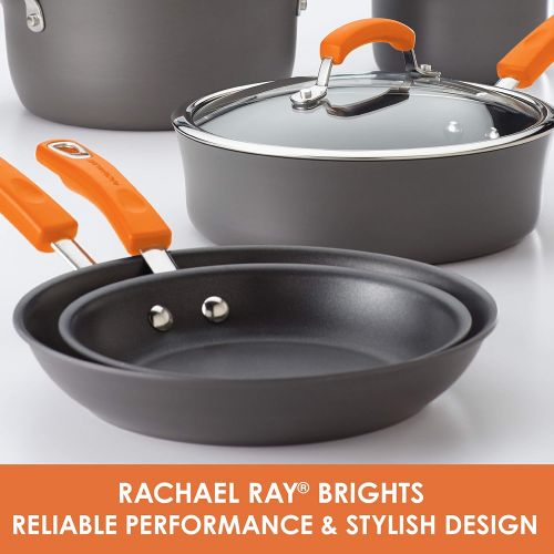  Rachael Ray Brights Hard Anodized Nonstick Stock Pot/Stockpot with Lid, 10 Quart, Gray with Orange Handles