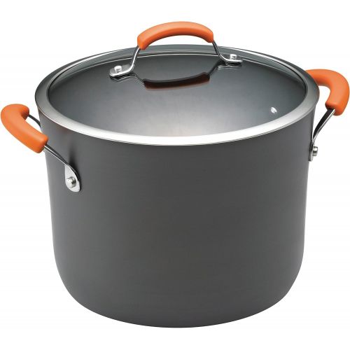  Rachael Ray Brights Hard Anodized Nonstick Stock Pot/Stockpot with Lid, 10 Quart, Gray with Orange Handles