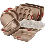 Rachael Ray Cucina Nonstick Bakeware Set Baking Cookie Sheets Cake Muffin Bread Pan, 10 Piece, Latte Brown with Cranberry Red Grips