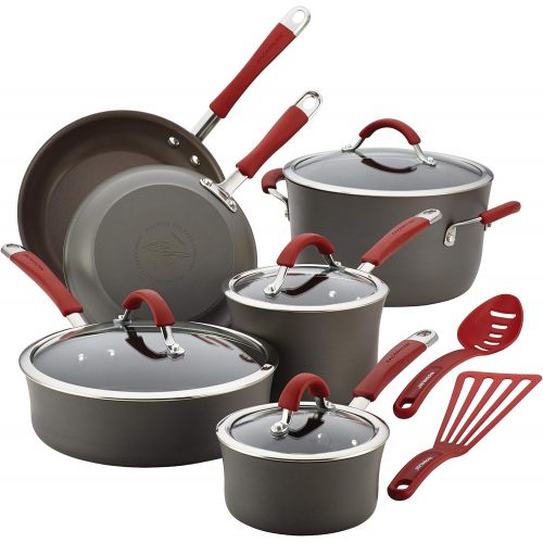  Rachael Ray - 87630 Rachael Ray Cucina Hard Anodized Nonstick Cookware Pots and Pans Set, 12 Piece, Gray with Red Handles