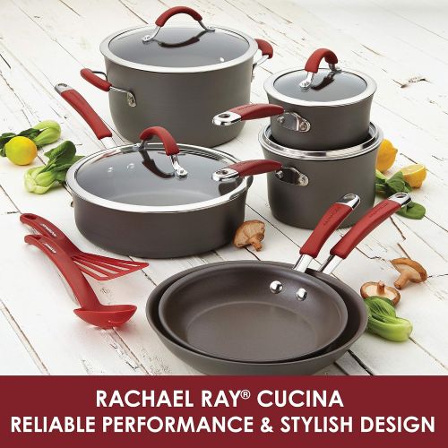  Rachael Ray - 87630 Rachael Ray Cucina Hard Anodized Nonstick Cookware Pots and Pans Set, 12 Piece, Gray with Red Handles