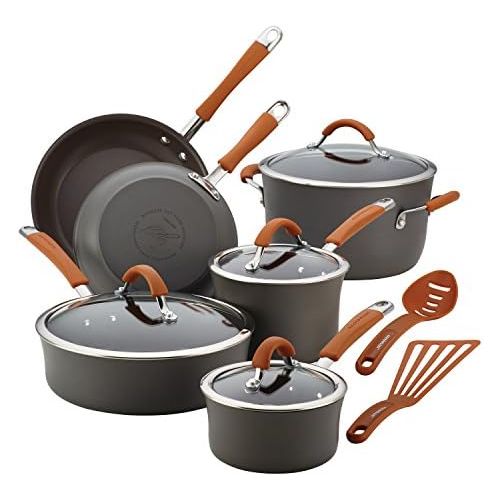  Rachael Ray Cucina Dishwasher Safe Hard Anodized Nonstick Cookware Pots and Pans Set, 12 Piece, Gray with Orange Handles